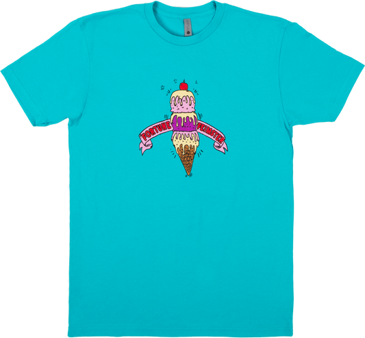Turquoise T-shirt featuring an ice cream design