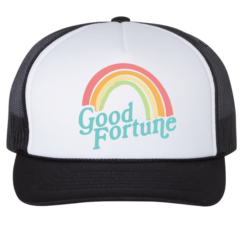 White and black trucker hat with rainbow Good Fortune design