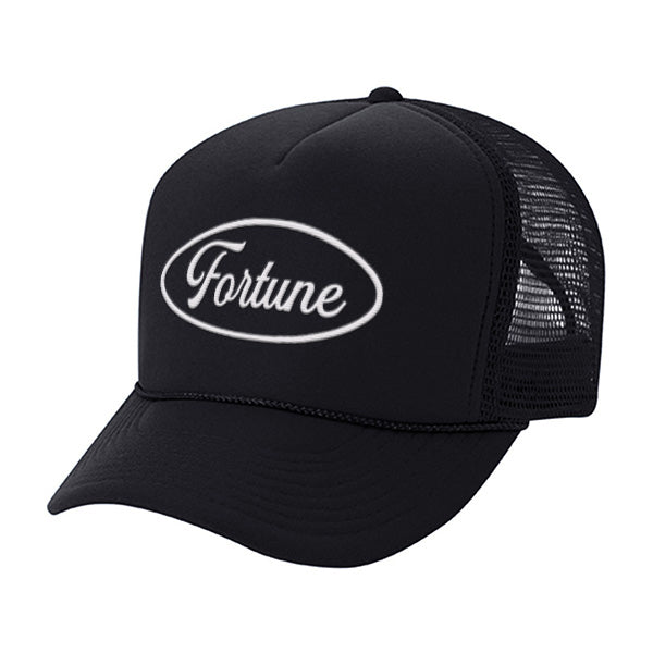 Black trucker hat featuring the name "Fortune"
