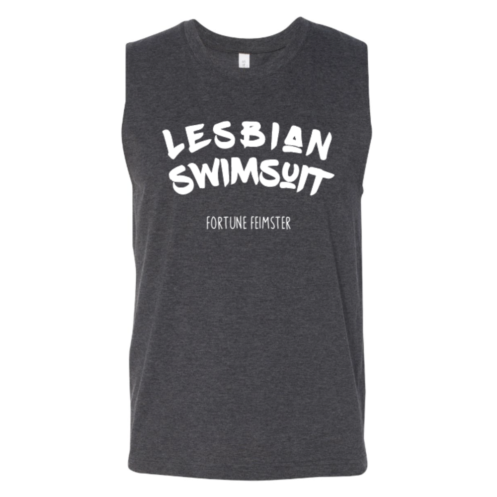 Heather grey sleeveless top featuring the "Lesbian Swimsuit" text