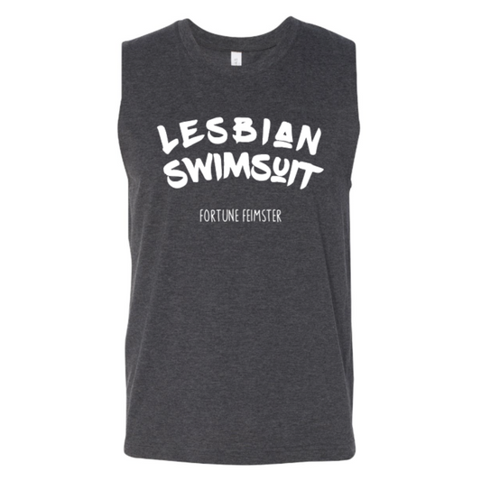 Heather grey sleeveless top featuring the "Lesbian Swimsuit" text