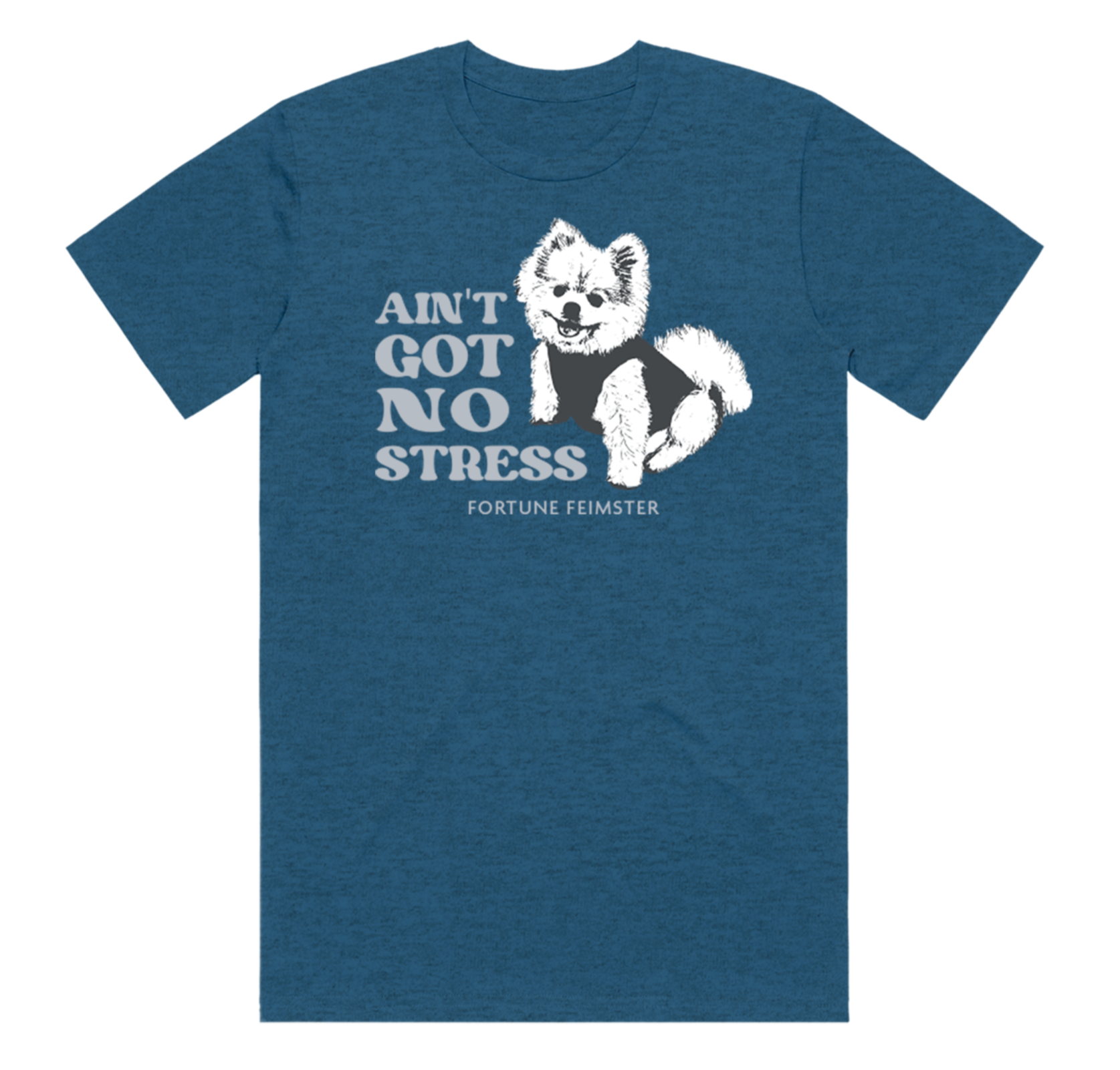Heather blue tee featuring a photo of Fortune's dog Biggie and the text "Ain't got no stress"