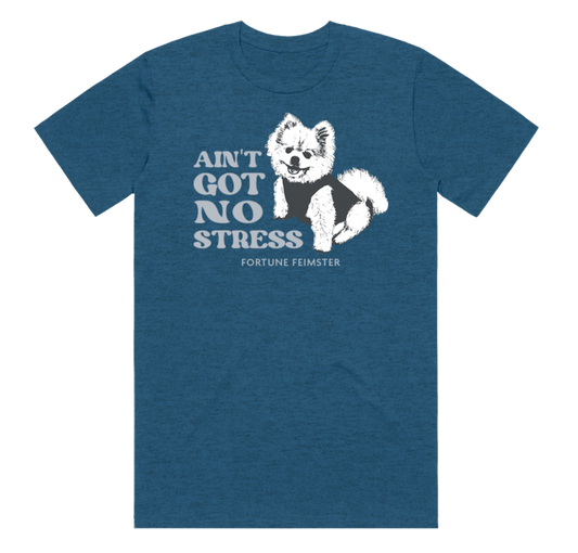 Heather blue tee featuring a photo of Fortune's dog Biggie and the text "Ain't got no stress"